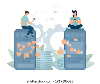 Two persons are chatting on mobile phones. Flat cartoon design vector illustration. Man, woman couple chatting, messaging using chat app or social network