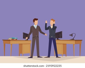 Two persons or two colleagues of a office are quarreling. There is a conflict between them. Two officers are arguing and quarreling for their works and one blaming another. You can use this vector.