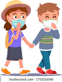 Two persons couple walking holding hands. Kids boy and girl wearing protective masks stroll outside together during COVID-19 coronavirus pandemic. Flat vector character illustration