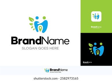 Two persons with dental Location Logo and combination icon leaf nature, Teeth and Location Pin Map Point Icon Graphic. Clinic or hospital logo design template element.