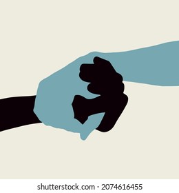 Zwei Personen mit unterschiedlicher Hautfarbe, die sich gegenseitig auf beigem Hintergrund halten. Handgezeichnete, farbige Flach-Vektorgrafik.