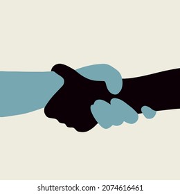 Two Persons with Different Skin Color Holding Each Other Hand on Beige Background. Hand Drawn Colored Flat Vector Illustration.