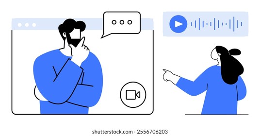 Two persons engaging in a video call conversation. One person is thinking with a speech bubble, while the other points at audio waves. Ideal for communication, technology, remote work, social
