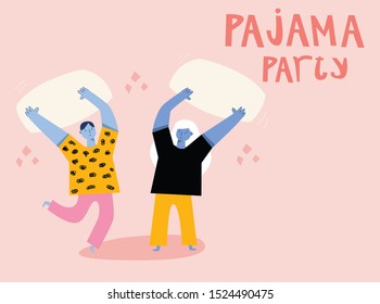 Two persons fighting with pillows. Text "Pajama party".