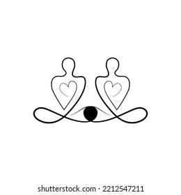 Two persons with heart, meditation symbol. Third eye sign original template. Couple in meditation one line vector illustration. Yoga, mindfulness symbolic illustration. Logo, emblem element.