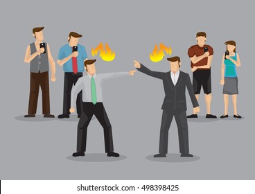 Two persons in heated argument in public and curious bystanders use handphone to take photo instead of helping. Cartoon vector illustration of apathy and bystander effect concept.