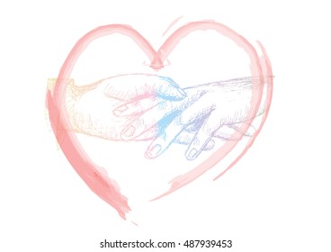 Two persons are holding hands each other. Sketchy style.