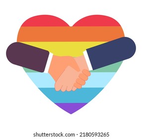 Two Persons Holding Hands In Front Of Rainbow Heart. Agreement Between Countries Or People Flat Vector Illustration. Peace, Diplomacy, Communication Concept For Banner, Website Design Or Landing Page