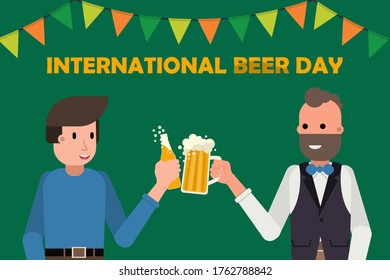 Two persons holding mug and bottle of beer, Happy international beer day concept. friday party Vector illustration