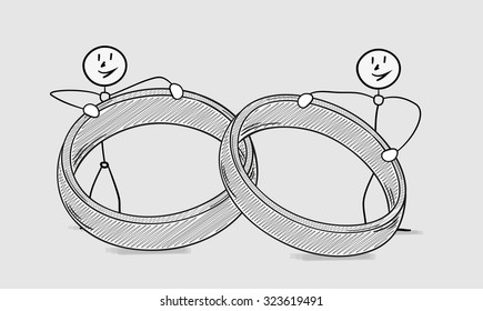 two persons holding wedding rings, crosshatched image