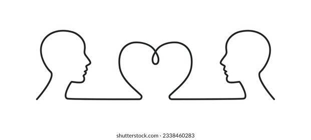 Two persons are joined at the heart. Line drawing. Mutuality and love, friendship and interconnection of people