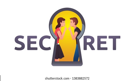 Two Persons In Keyhole Showing Shh Hand With Index Finger Over Lips. Secret, Shhh, Be Quiet, Silence, Keep It To Yourself, Shut Your Mouth, Stop Talking Gesture Concept. Flat Vector Illustration