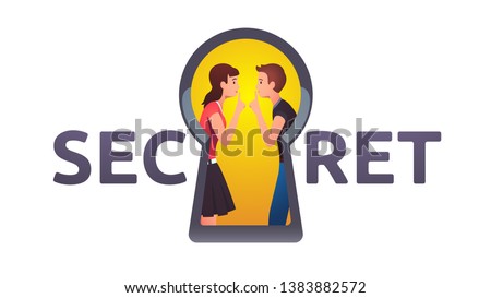 Two persons in keyhole showing shh hand with index finger over lips. Secret, shhh, be quiet, silence, keep it to yourself, shut your mouth, stop talking gesture concept. Flat vector illustration