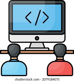 Two persons looking and code on monitor. Pair programming Concept, Agile Methodologies Vector Color Icon Design, Software and web development symbol, Computer Programming and Coding st