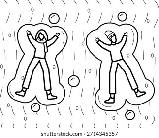 two persons making snow angels on ground Concept, vector icon design, Winter Season Element symbol, frosty weather activity Sign, coldest season stock illustration