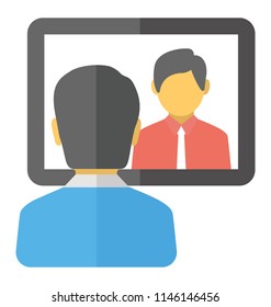 Two persons on a screen having one to one discussion depicting video conferencing 