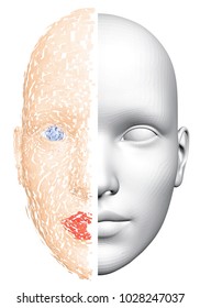 Two persons in one person divided into two halves. Creative nature and ordinary. A polygonal face flying to pieces. 3D.