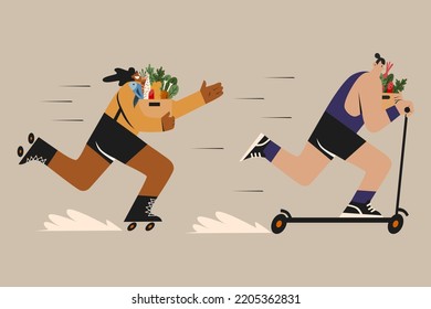 Two Persons Running while Holding a Groceries