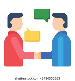 Two persons shaking hands and having conversation, flat modern icon of communication