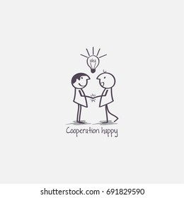 Two persons shaking hands in sign of cooperation. Lightbulb idea. Cartoon vector illustration
