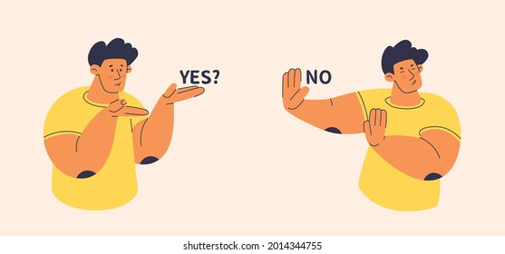 Two persons show offer and rejection. Man does not agree to proposal of other. Refusal or stop for any offer. Isolated flat vector illustration.