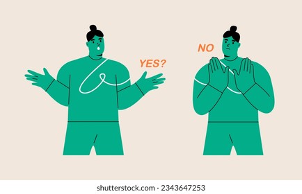 Dos personas muestran oferta y rechazo. Ilustración vectorial colorida
