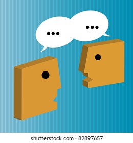 two persons speaking to each other, speech bubble over him