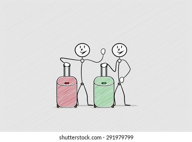 two persons with two suitcases go to the trip