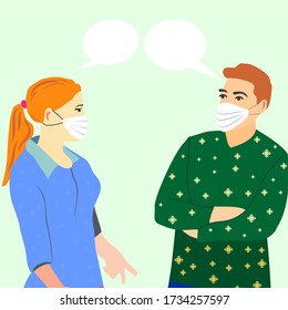 Dos personas hablando con máscara de uso, hombre y mujeres hablando vector, 