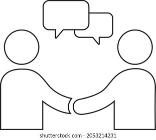 Two persons Team Discuss Dialogue Vector. Black and white. White background. Line drawing.