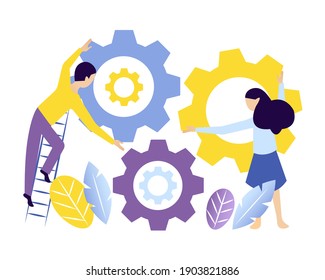 Two persons turning gears. Team work, united community, search for ideas and solutions, business running, startup, studying, work vector cartoon concept.