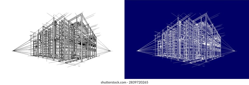 Two perspective views of a building structure shown as wireframe sketches. One features black lines on white while the other shows white lines on a blue background.