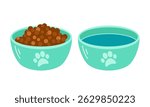 Two pet bowls, one filled with food for dogs and cats. and the other with water. For pets projects. Vector illustration