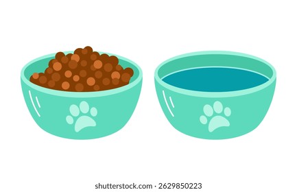 Two pet bowls, one filled with food for dogs and cats. and the other with water. For pets projects. Vector illustration