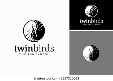 Two Phoenix Fenix Firebirds Taoist Yin Yang Symbol. Beauty Rotation Twin Pigeon Dove Rooster Birds Thai Chi logo design