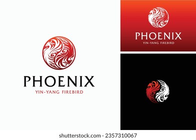 Zwei Phoenix Fenix Firebirds Taoist Yin Yang Symbol. Beauty Rotation Twin Taube Dove Rooster Vögel Thai Chi Logo Design