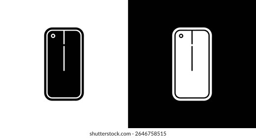 Dois desenhos de estojo de telefone, um em preto com um contorno branco e o outro em branco com um contorno preto, apresentam um buraco de câmera e formas minimalistas.