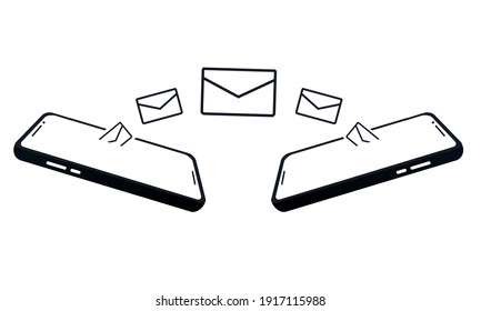Dos teléfonos que envían y reciben mensajes o correo electrónico. Vector de ilustración