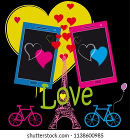 Two phones and two bicycles on the background of the Eiffel Tower on a black background