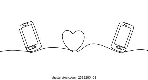 Two phones connected by a cable forming a heart in continuous line drawing. Symbol of long-distance communication with emotional connection. Vector illustration hand drawn.