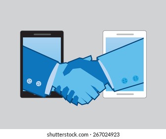 Two phones with hands shaking one another
