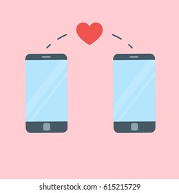 Two phones and heart sending between them. Love message concept