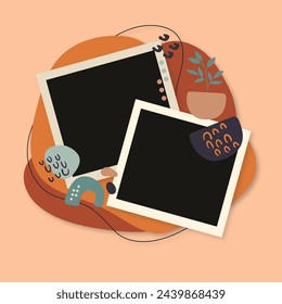 Two photo frames modern template with modern contemporary hand draw abstract shapes with leaves for presentations or landing page 