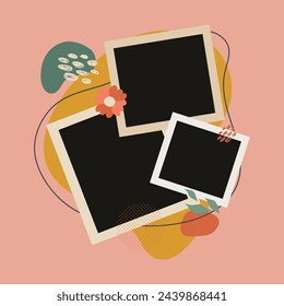 Two photo frames modern template with modern contemporary hand draw abstract shapes with leaves for presentations or landing page 