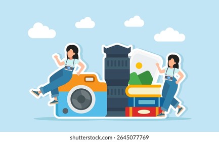 dois fotógrafos ao redor de pilhas de livros de lentes de câmera e ilustração de álbum de galeria de fotos de melhorar a alfabetização em habilidades de fotografia e desenvolvimento da indústria