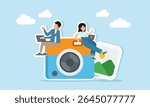 two photographers editing on camera near photo gallery album illustration of professional photo editing for commercial purpose
