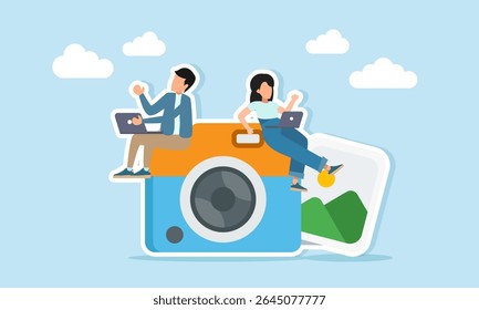 dois fotógrafos editando na câmera perto do álbum de galeria de fotos ilustração de edição de fotos profissionais para fins comerciais