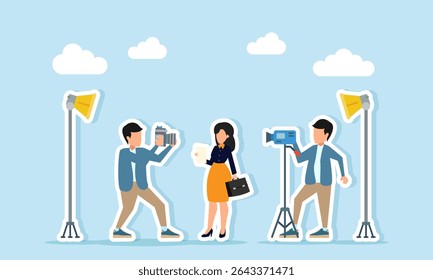 Two photographers operate their cameras during a professional photo session with a woman posing as a businesswoman illustration of shooting for news or personal branding content