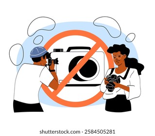 Two photographers reacting to a no-photography sign with confusion, on a white background. Concept of photography restrictions and regulations