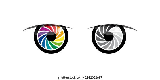 Two photographic eyes, aperture of a color and black and white lens. The view of a photographer. Vector pattern